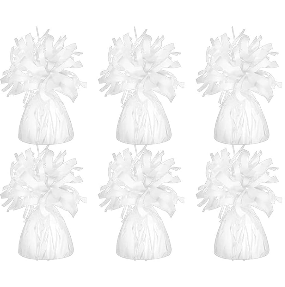 Chochkees white metallic balloon weights with classic design secure balloons for festive displays.