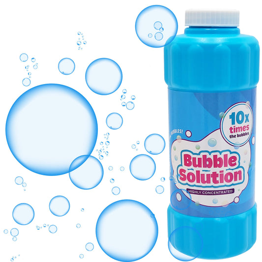 Chochkees blue bubble solution demonstrates compatibility with bubble machines for consistent fun.