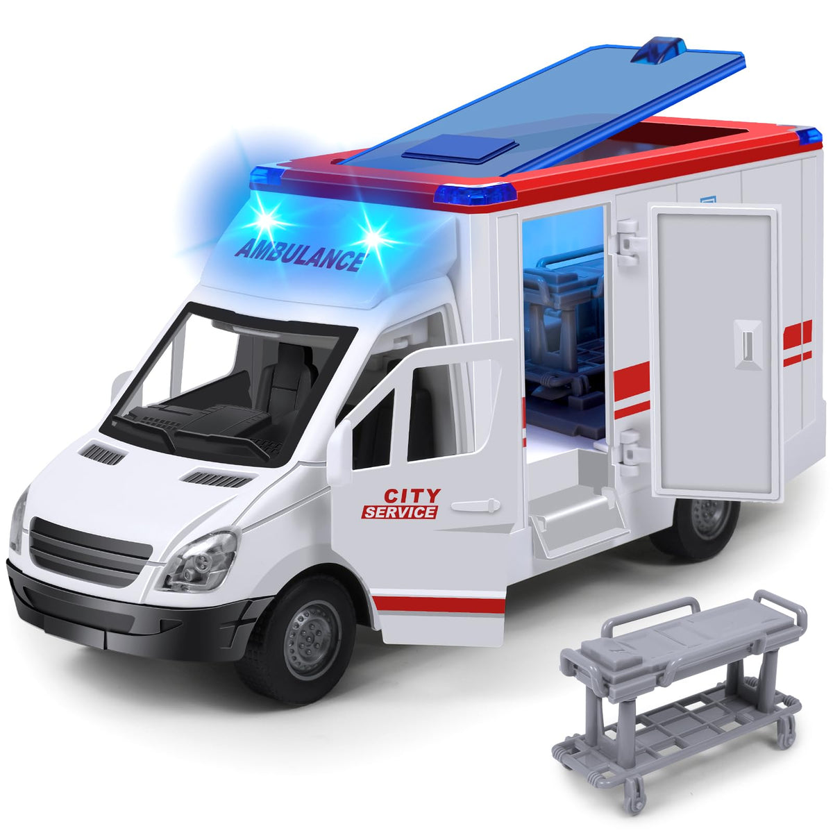 Choopheme ambulance toy with flashing lights enhances imaginative play and sensory engagement.