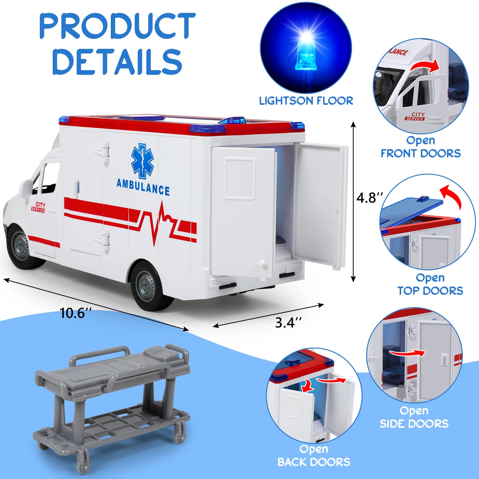 Choopheme ambulance toy features friction-powered wheels for easy, battery-free action.