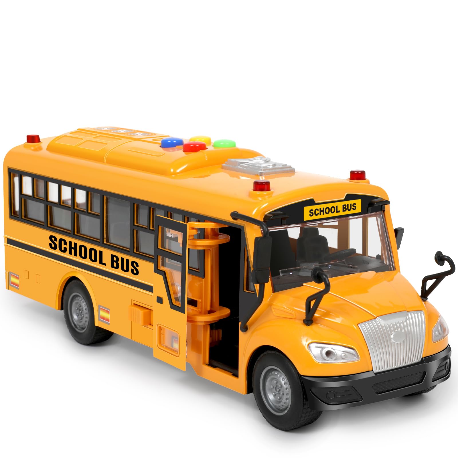 Choopheme yellow school bus toy front view with lights and four sounds for interactive play.