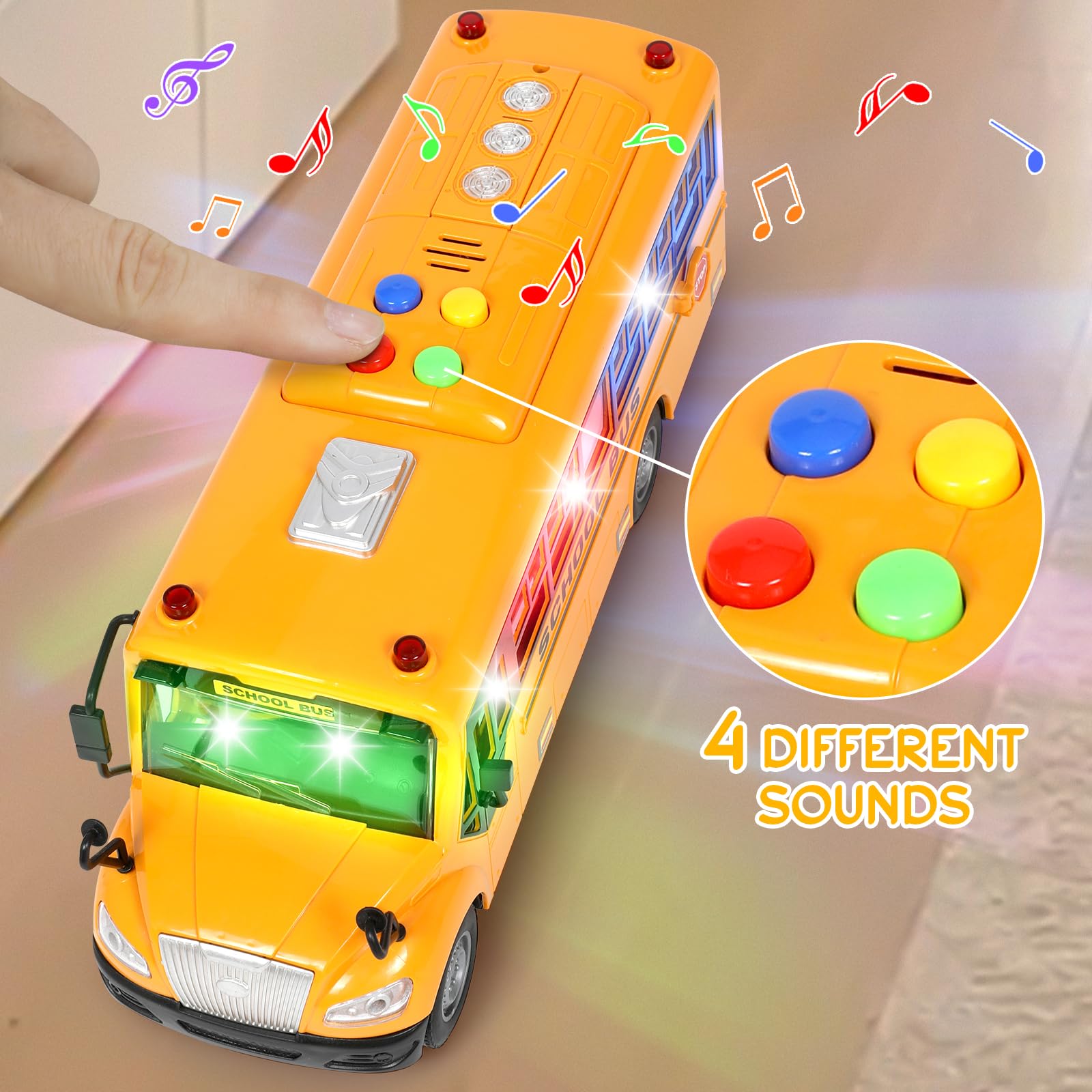 Choopheme bus toy side doors open for imaginative bus trips.