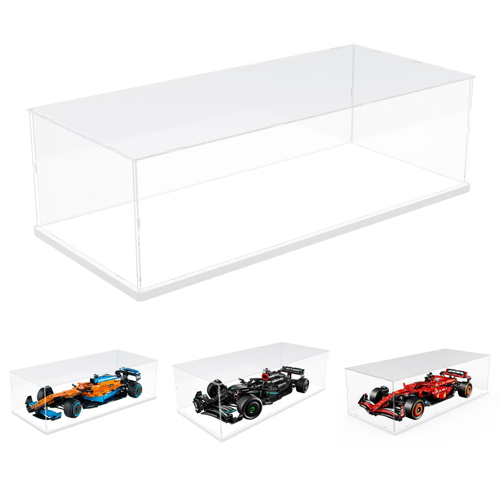 Choowin acrylic display case front view showcasing Lego F1 Ferrari on a white base for crystal-clear visibility