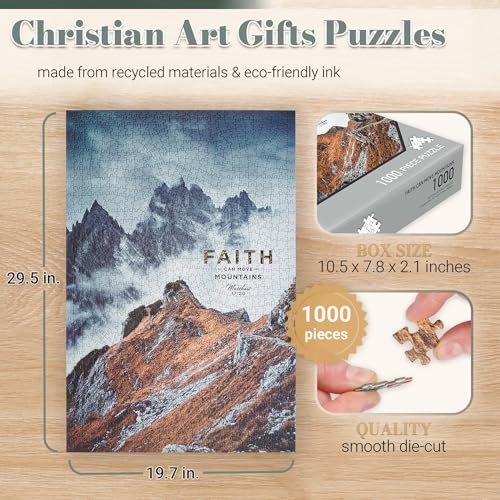 Christian Art Gifts foil verse puzzle featuring Faith can move mountains for daily inspiration.