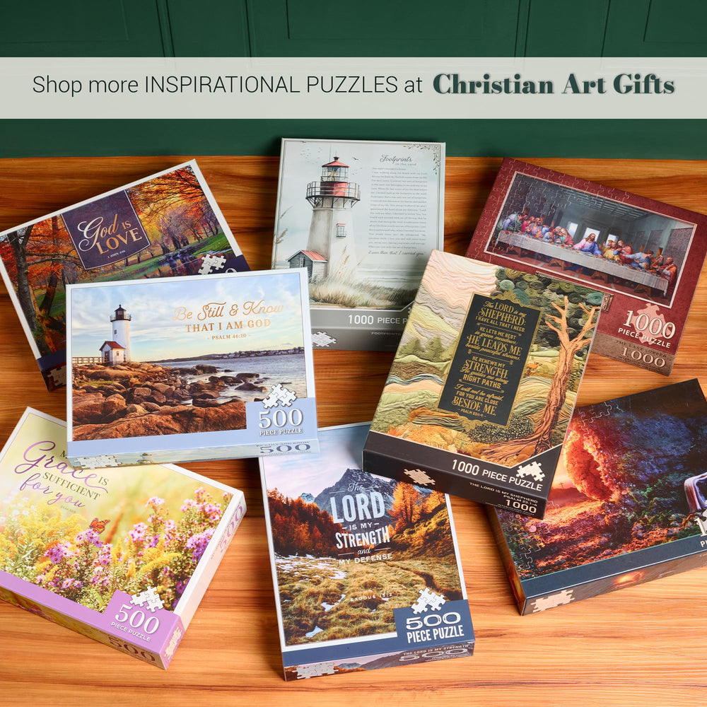 Christian Art Gifts sturdy storage box enables travel-friendly puzzle sessions.