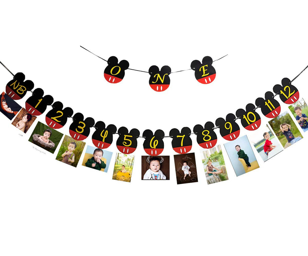 CHuangQi Mickey monthly photo banner shows NB to 12m moments for a cohesive birthday keepsake.
