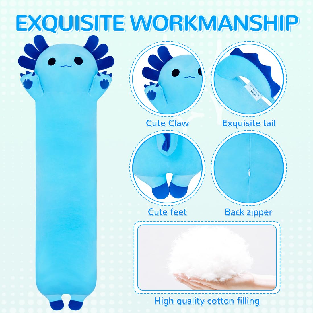 Chubbyjoy axolotl pillow blue full-body view for lounging.