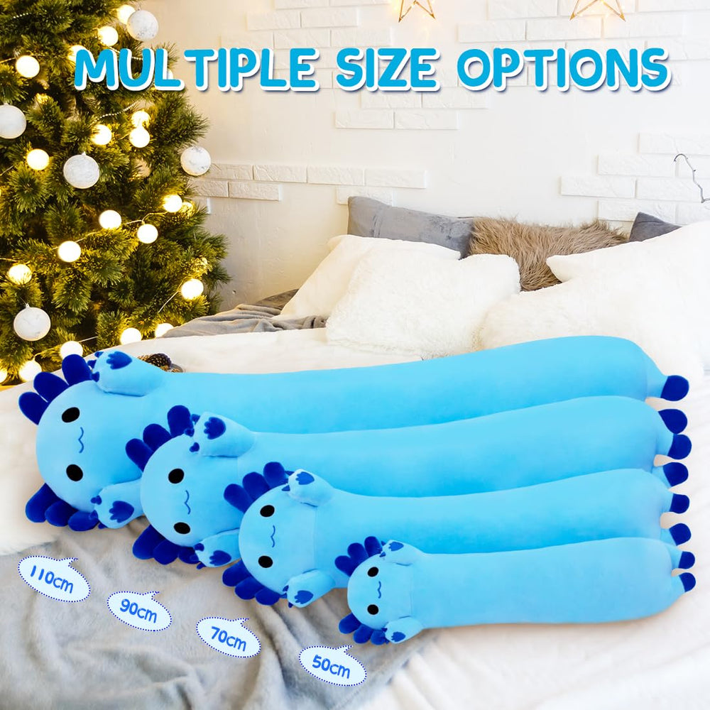 Chubbyjoy axolotl plush pillow blue long body, adds whimsy and comfort to your bed.