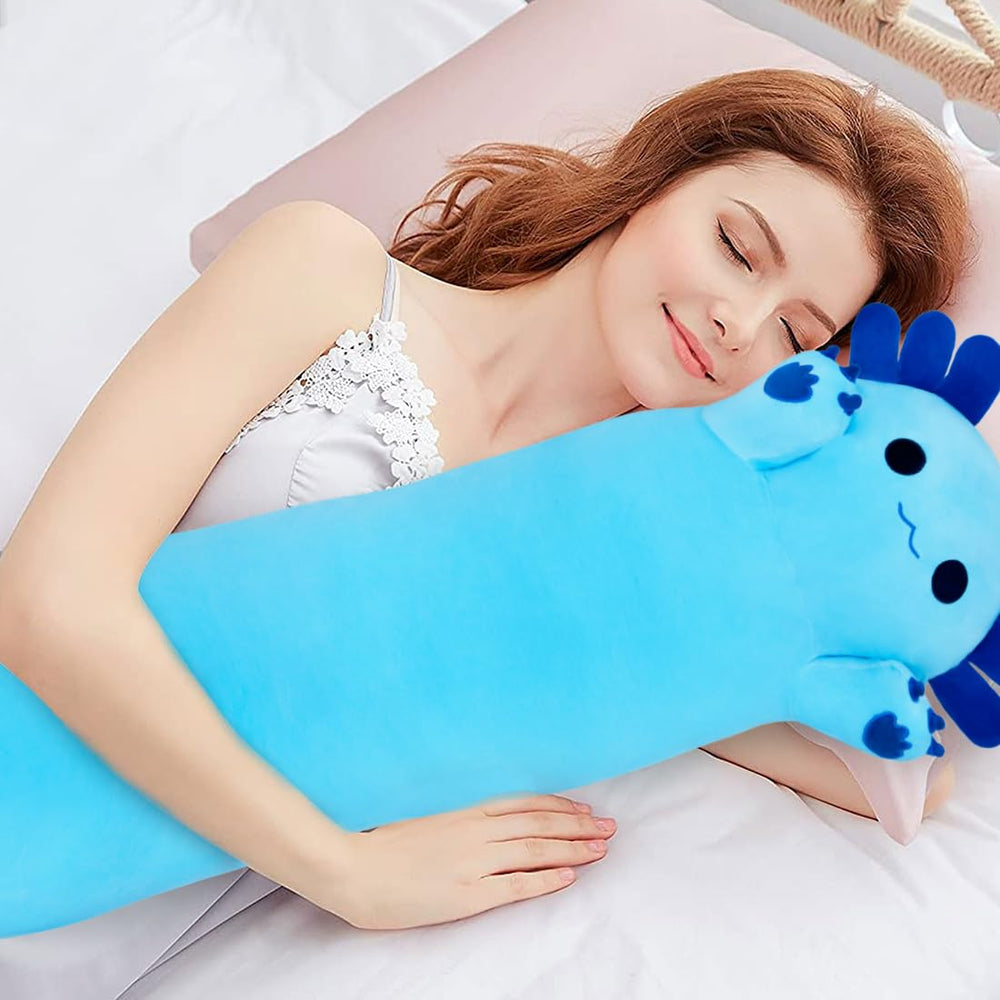 Chubbyjoy axolotl plush pillow blue side view, ideal for sofa lounging.