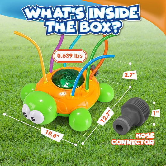 Chuchik turtle spin action sprinkler delivering swirling water spray for kids' outdoor games.