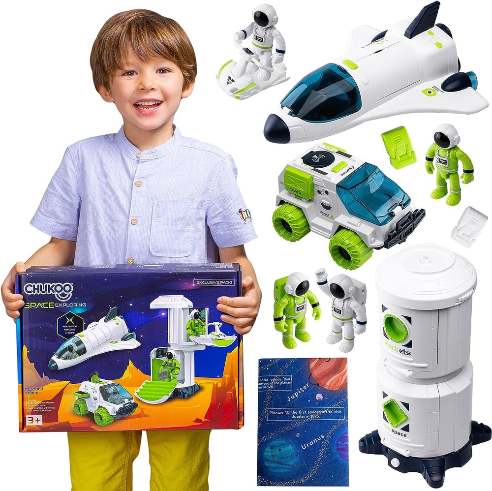 CHUKOO space shuttle with astronauts and lights boosts imaginative play.