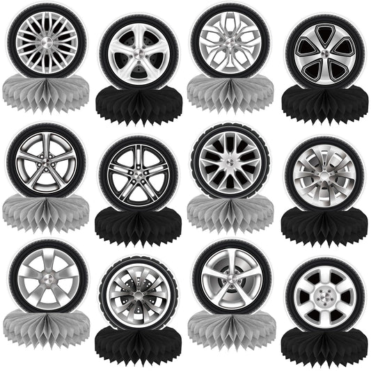 CHUNNIN 12-piece race car centerpieces on table, adds lifelike party flair.