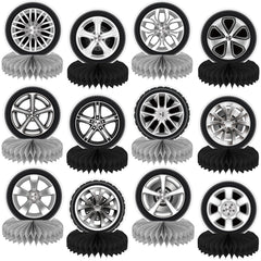 CHUNNIN 12-piece race car centerpieces on table, adds lifelike party flair.