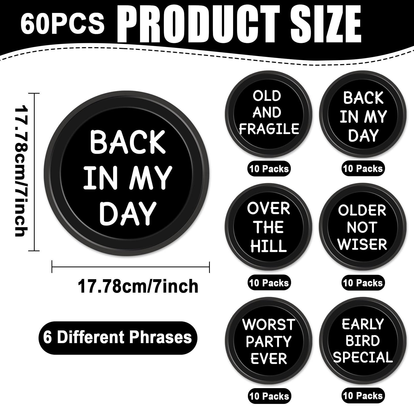 CHUNNIN bold-phrases-plates featuring cheeky sayings to spark laughter at aging celebrations.