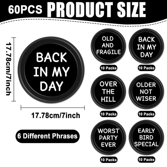 CHUNNIN bold-phrases-plates featuring cheeky sayings to spark laughter at aging celebrations.