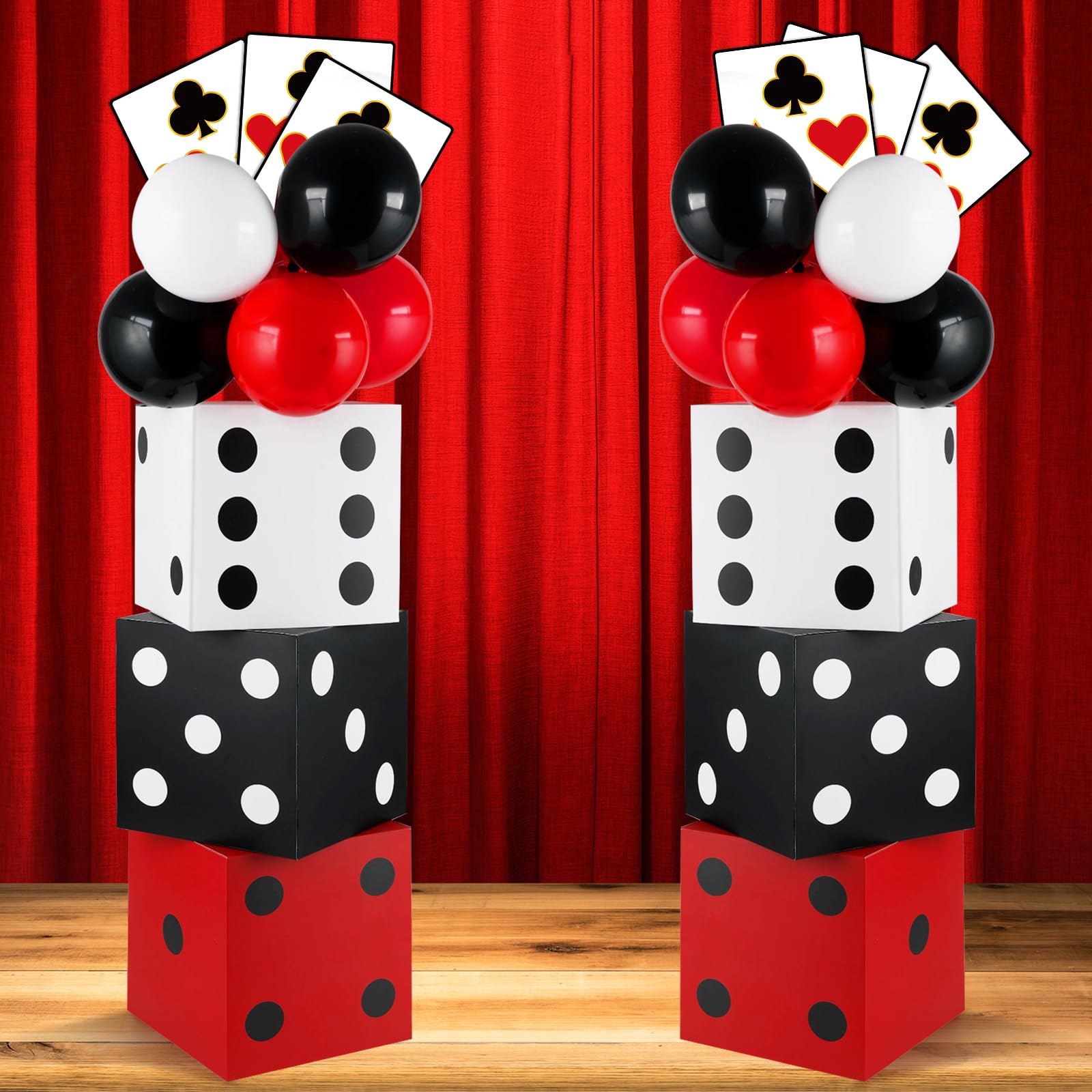 CHUNNIN casino dice box decor in red, black and white for party ambiance.