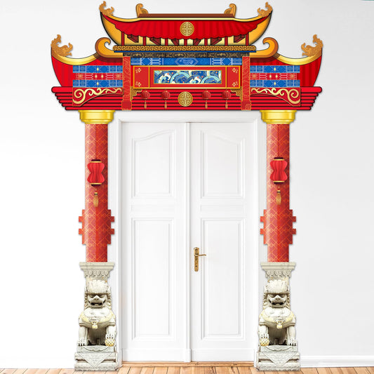 CHUNNIN Chinese New Year door top banner with traditional eaves and lions for festive entry.