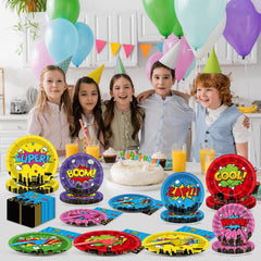 CHUNNIN hero birthday party decor set; cohesive look across plates, napkins, forks