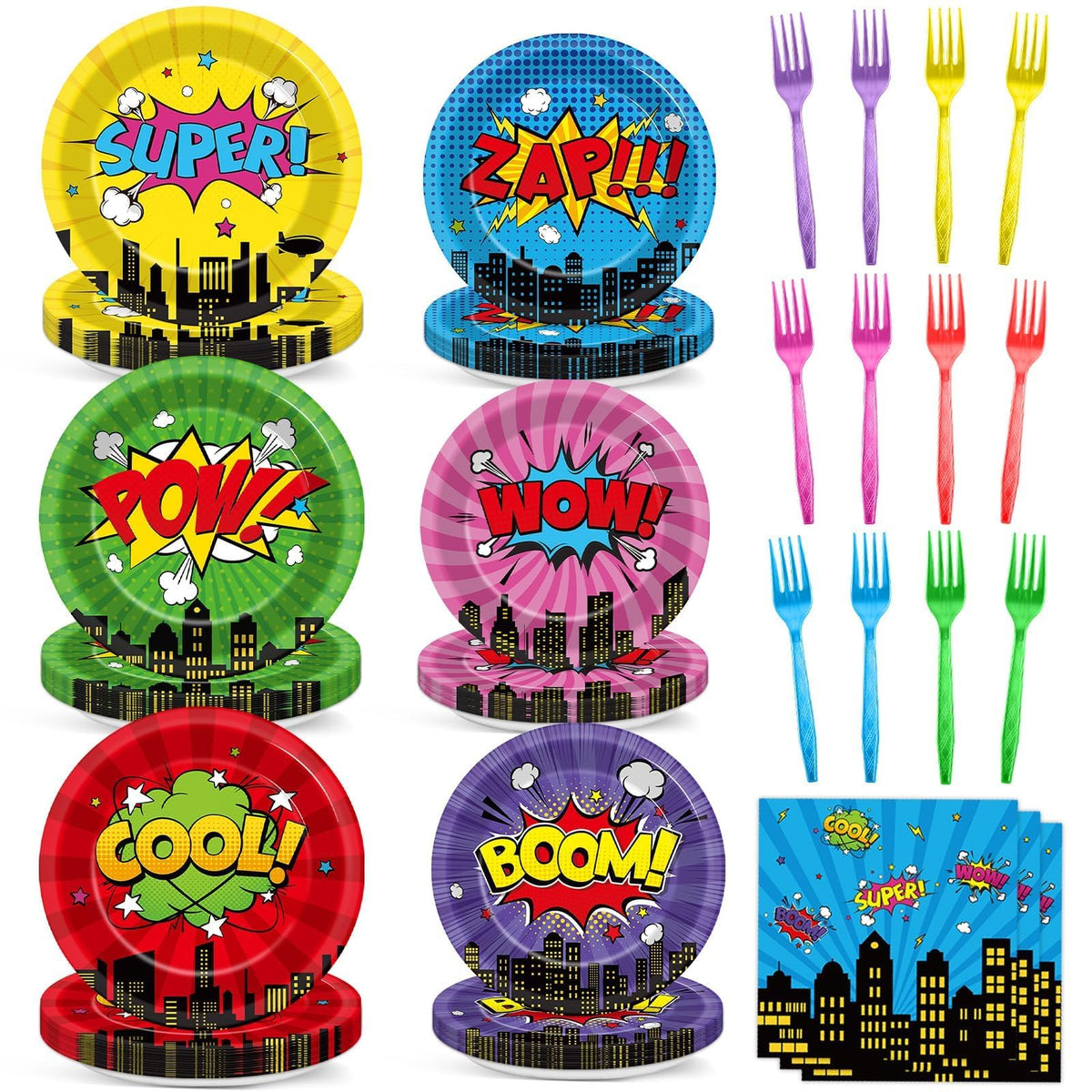 CHUNNIN hero plates dinner 24pc with cityscape designs for kid parties; easy cleanup afterward