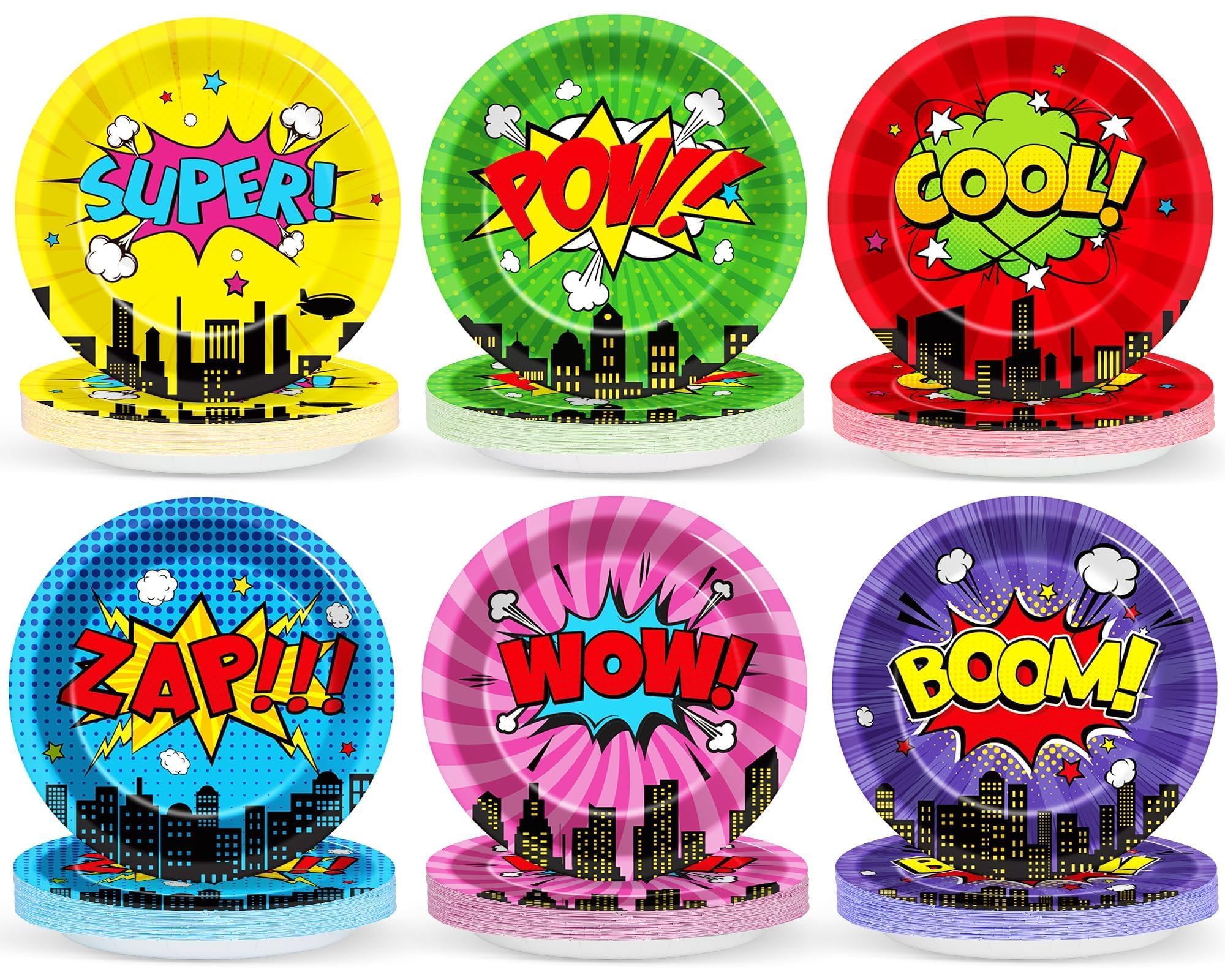 CHUNNIN 9-inch hero plates in multi-designs for a colorful kids' party table.