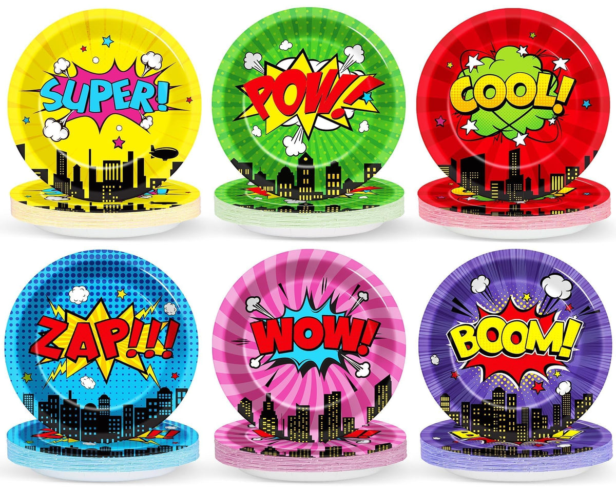 CHUNNIN 9-inch hero plates in multi-designs for a colorful kids' party table.