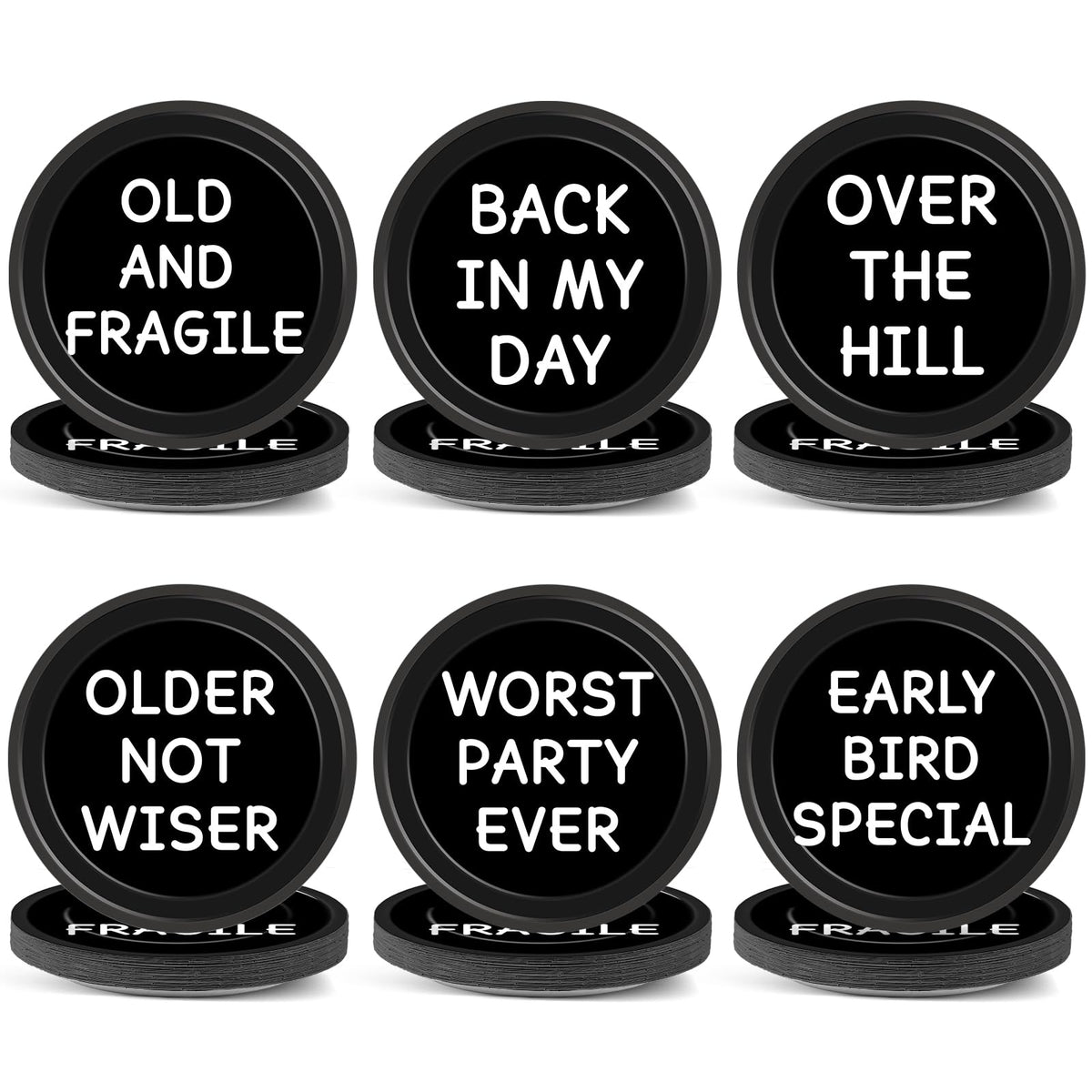 CHUNNIN old-man birthday plates set with six humorous quotes for adult party fun.