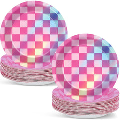 CHUNNIN pink iridescent checkered plate 7 inch for birthday celebrations