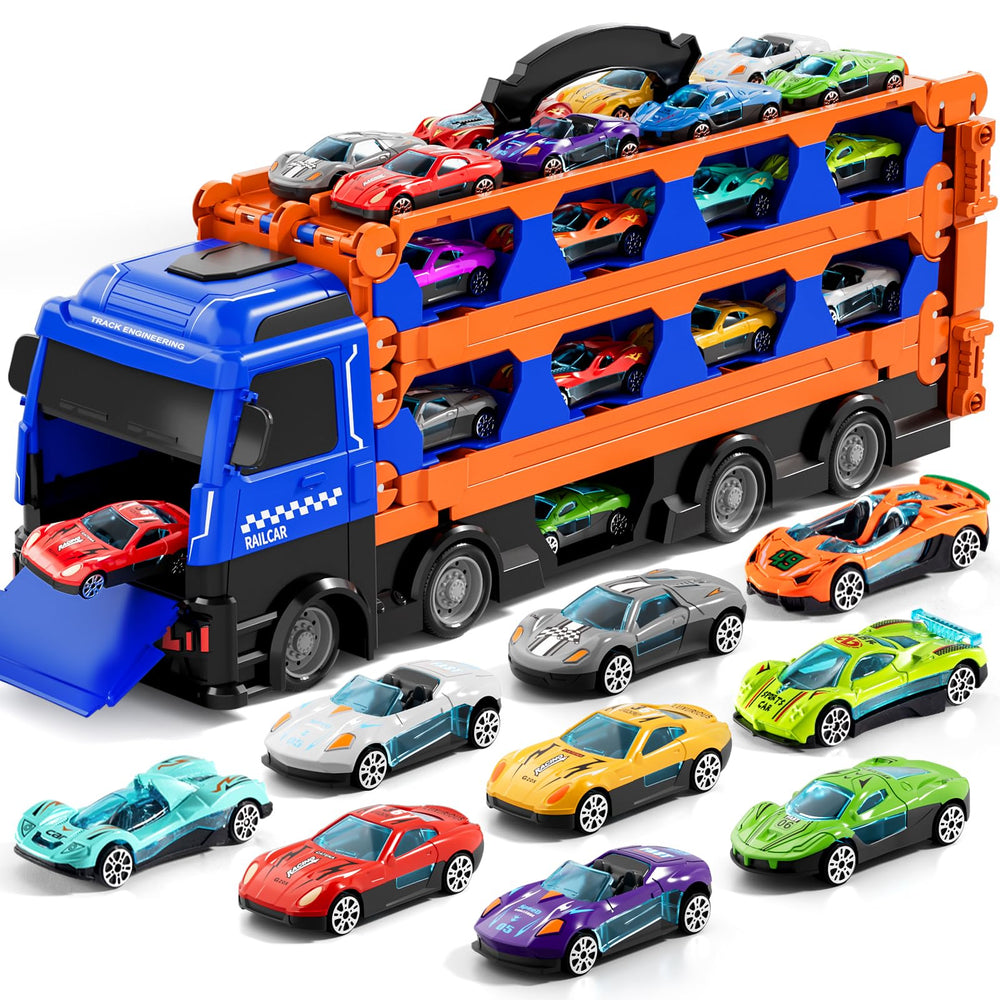Ci Vetch large transport truck with 24 die-cast cars for imaginative play and storage.