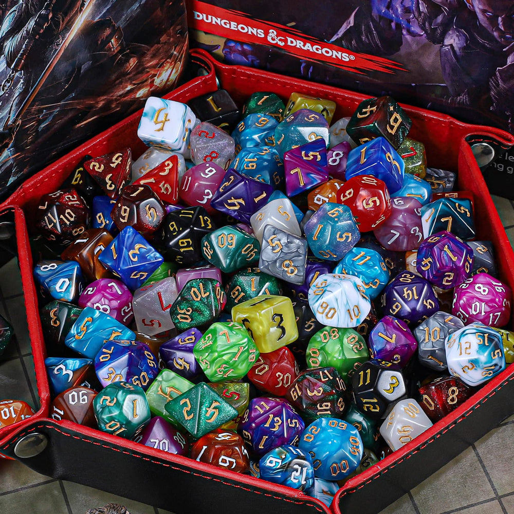 Seven dice per set arranged for quick reference on table.
