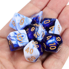 CiaraQ dice set in use during tabletop RPG night with cards