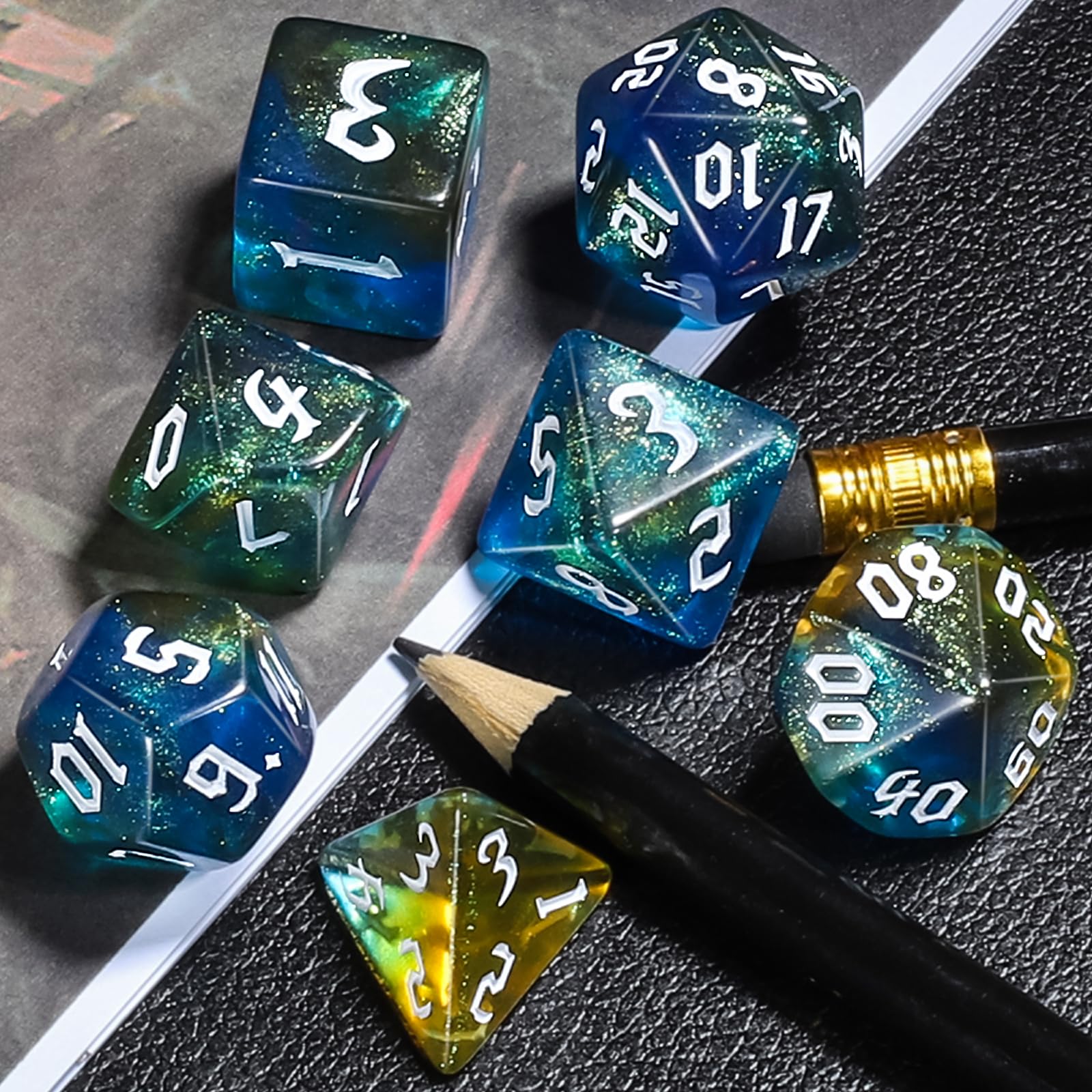 D20 detail on CiaraQ dice emphasizes balanced geometry for fair rolling