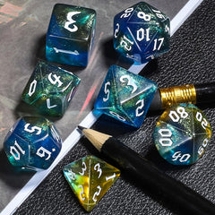 D20 detail on CiaraQ dice emphasizes balanced geometry for fair rolling