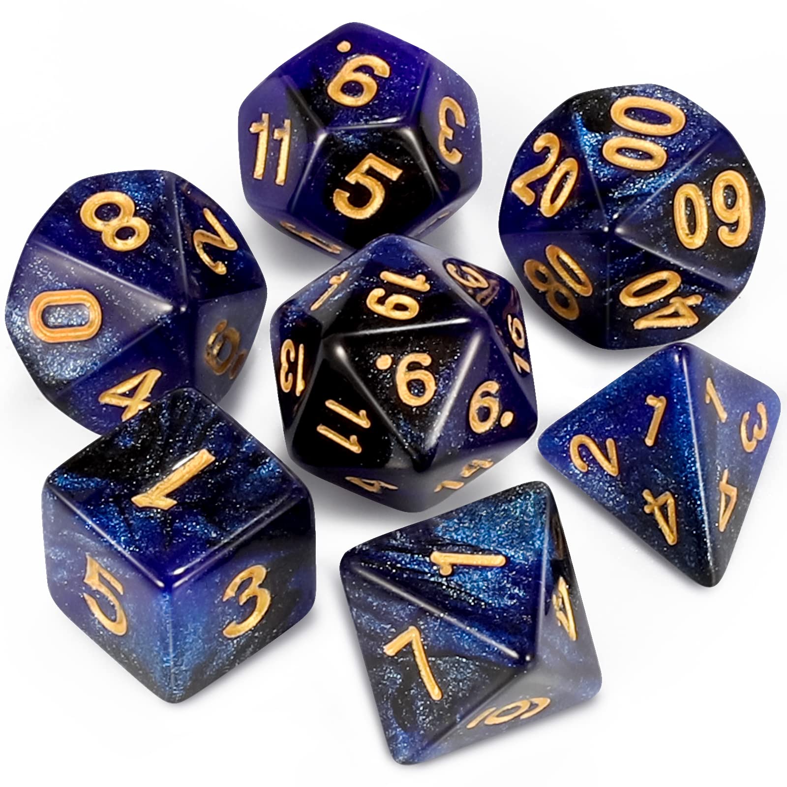 CiaraQ DND polyhedral dice set with dark blue glitter pouch for immersive tabletop gaming