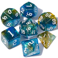 CiaraQ DND polyhedral dice set on table in blue-yellow glitter, ideal for quick initiative rolls