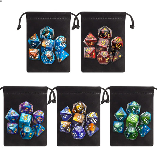 CiaraQ polyhedral dice set all-dice layout highlights color variety.