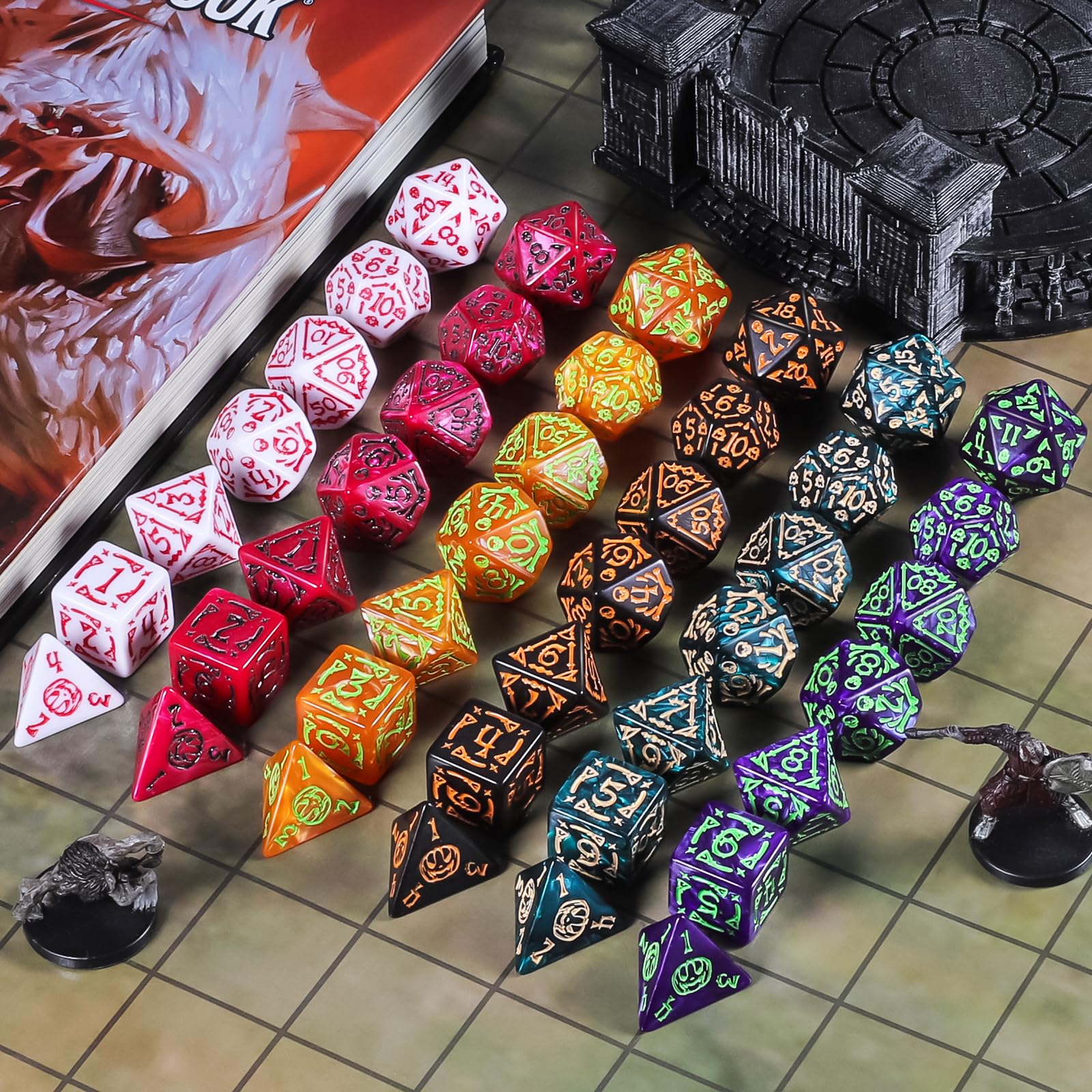 CiaraQ dice set shows colorful sides for quick identification at the table.