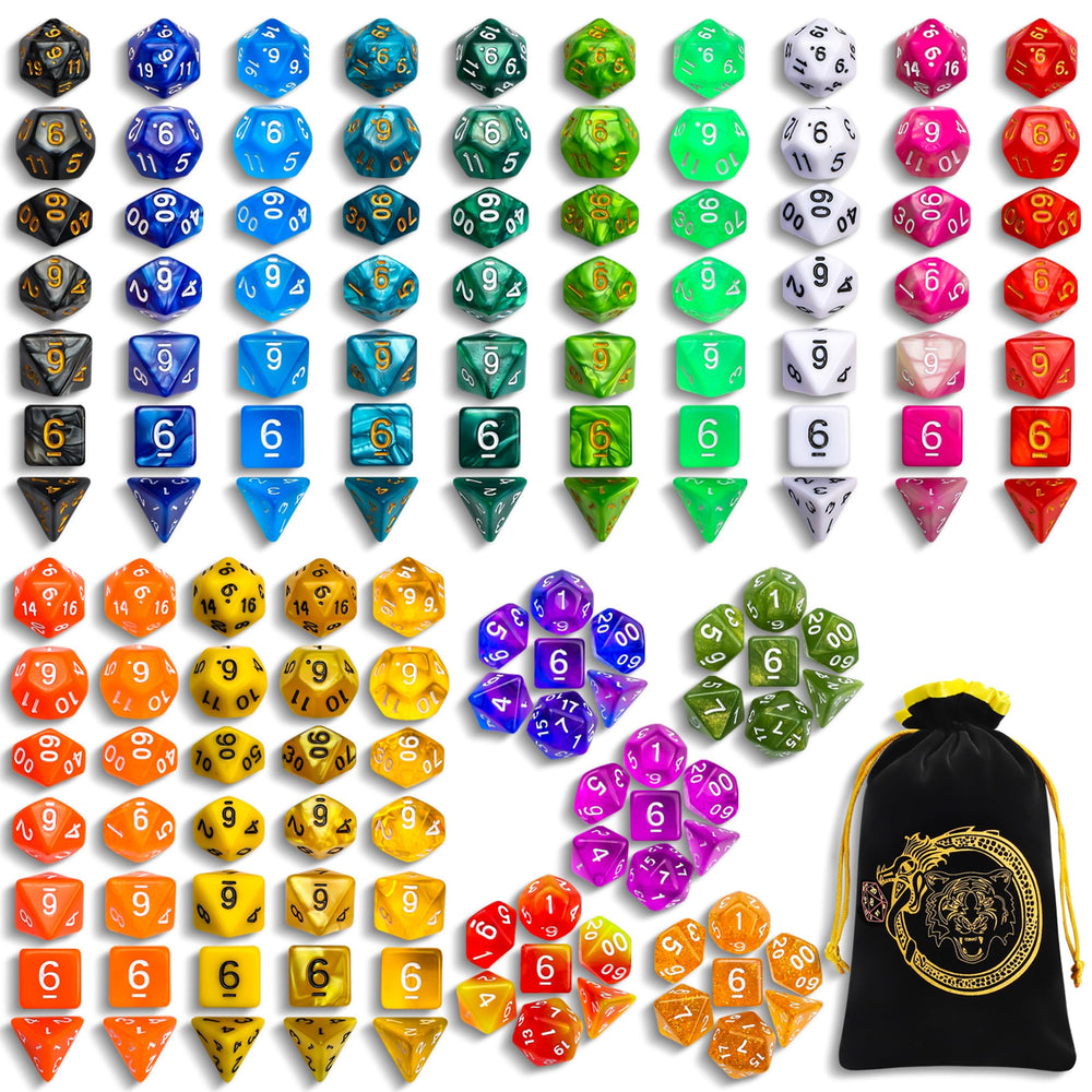 CiaraQ polyhedral dice set in mixed colors, ideal for D&D campaigns.