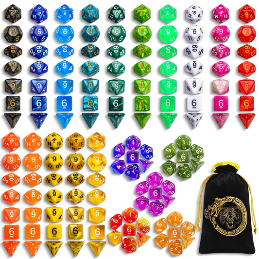 CiaraQ polyhedral dice set in mixed colors, ideal for D&D campaigns.