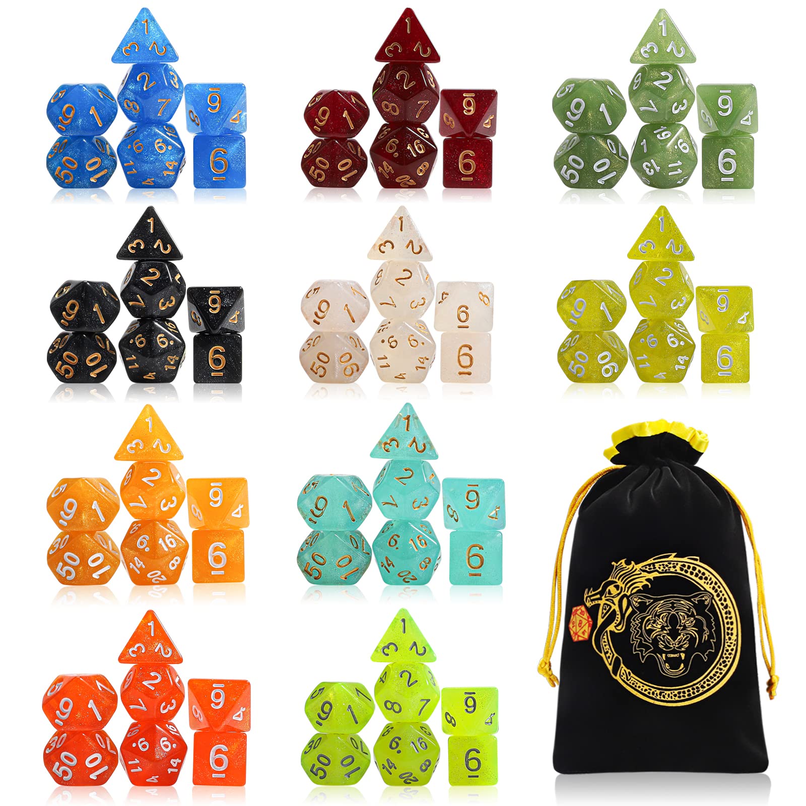CiaraQ polyhedral dice set monochrome 70pcs for immersive tabletop RPG sessions.