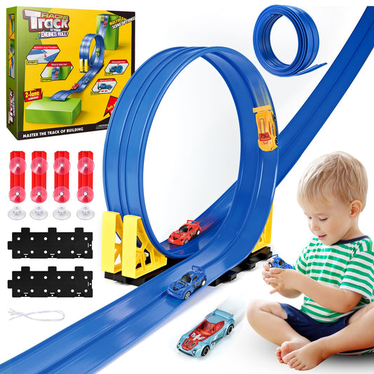 Cieex flexible track with dual lanes on living room floor for family play