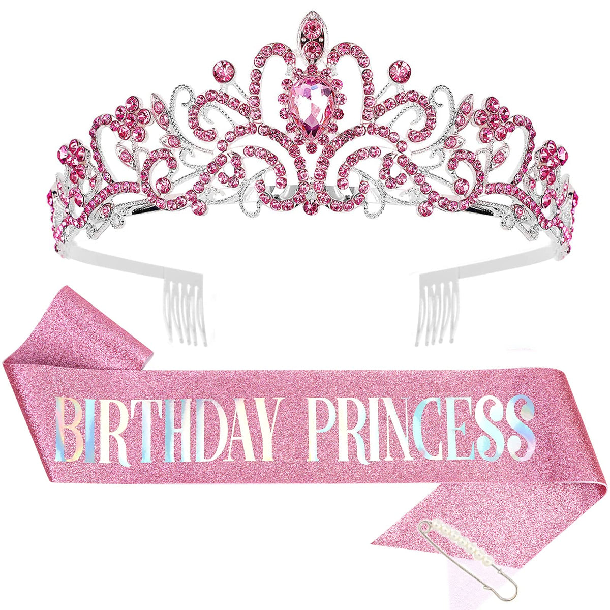 CIEHER pink rhinestone princess crown shining for festive photos