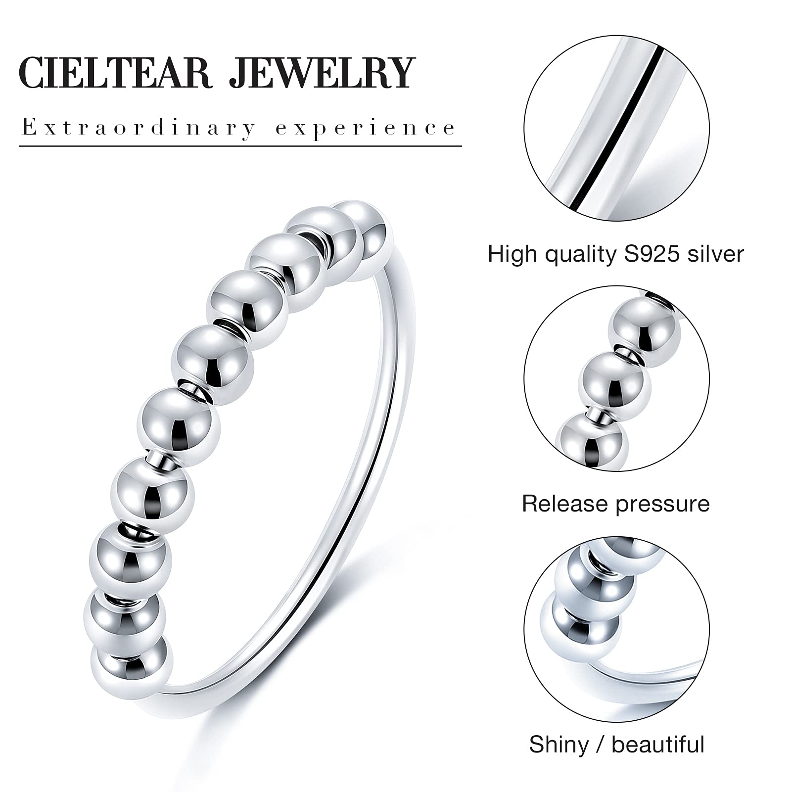 CIELTEAR fidget ring close-up highlights sterling silver finish and minimalist design