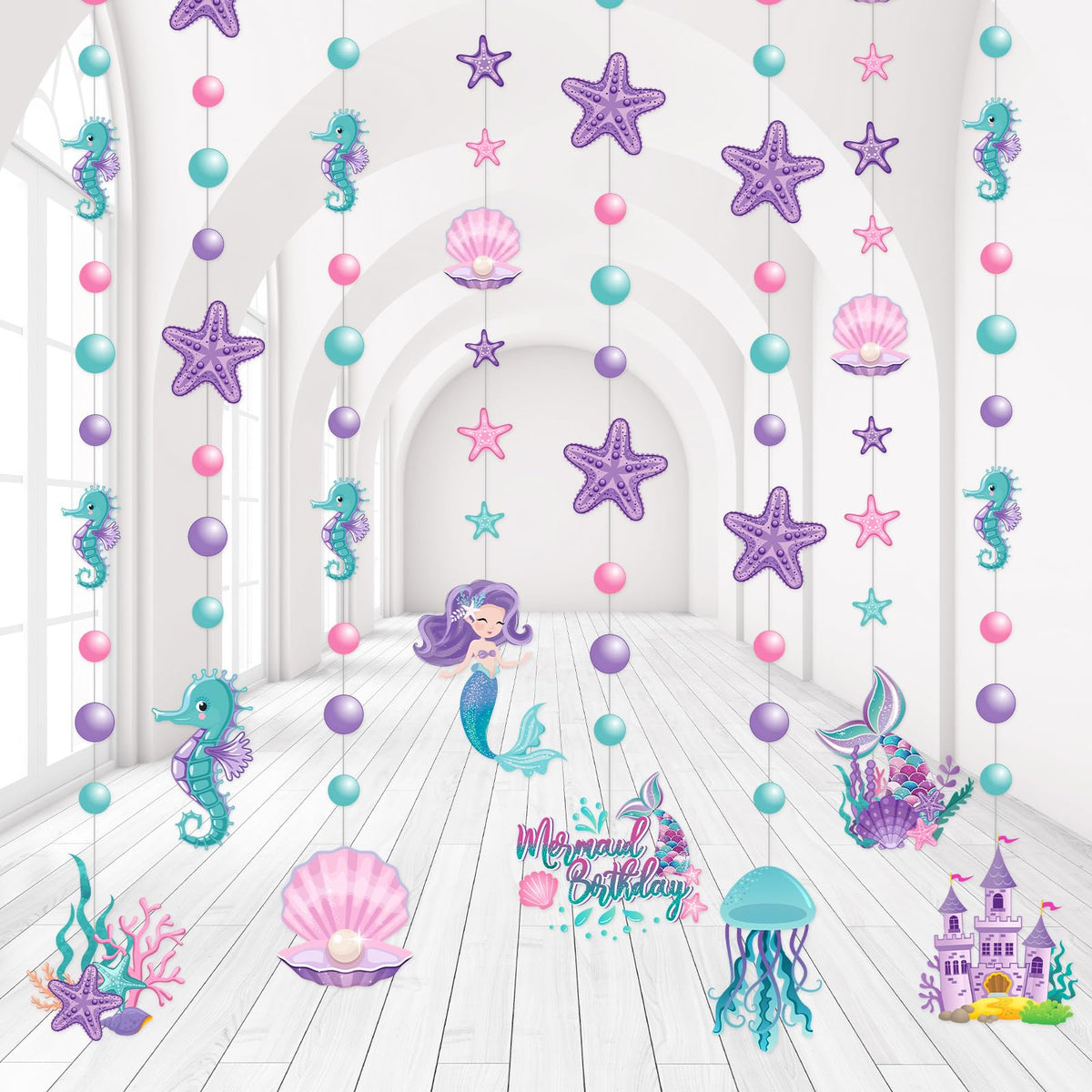 Cindeer mermaid garlands 8pcs brighten a party wall with playful undersea charm.