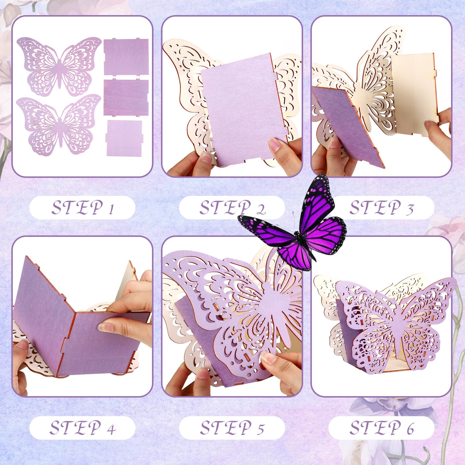Cinnvoice wooden butterfly centerpiece trio design showcases three patterns on tabletops
