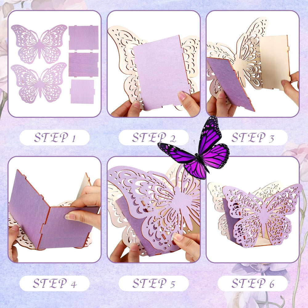Cinnvoice wooden butterfly centerpiece trio design showcases three patterns on tabletops