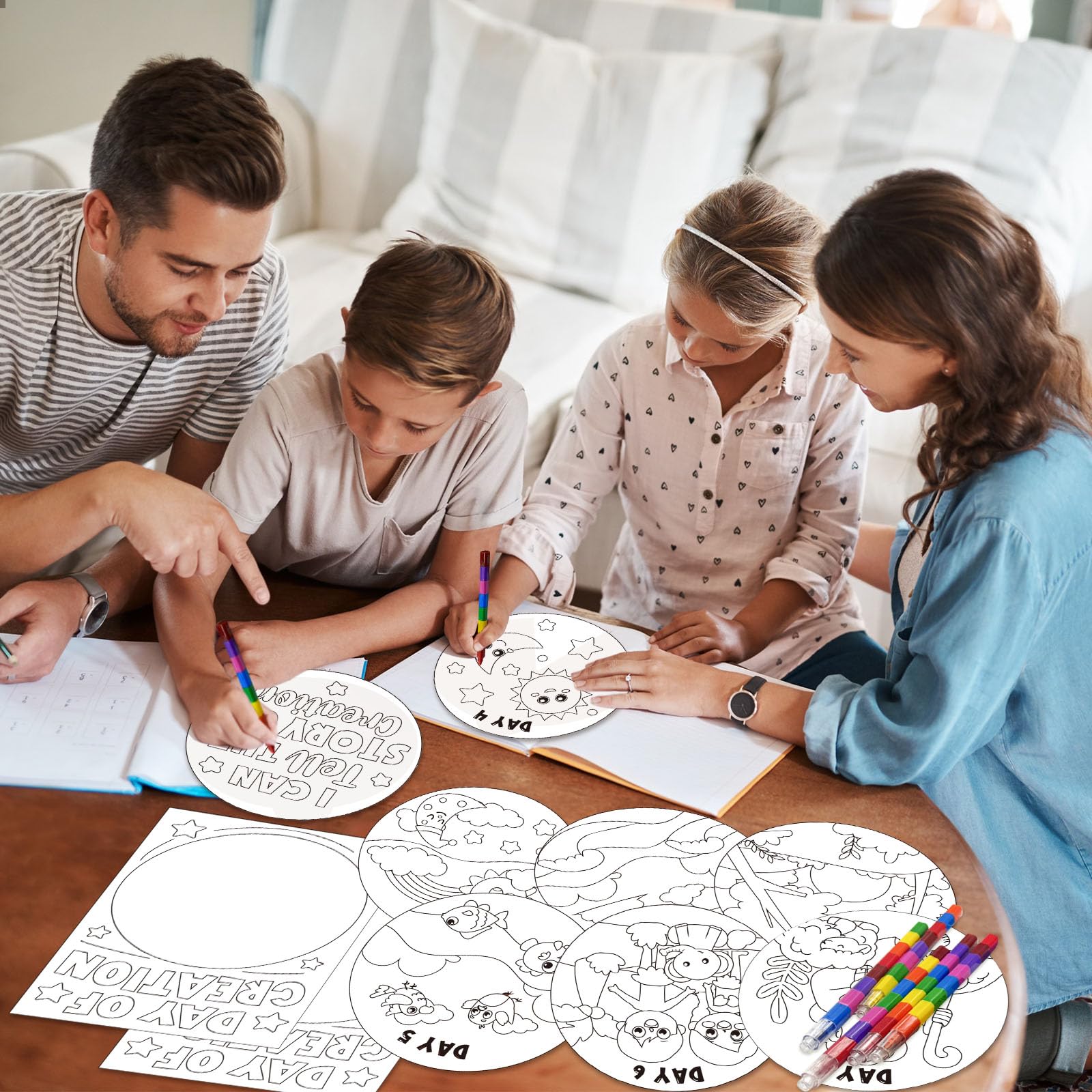 Cinrobiye all-in-one Bible craft kit shown with cards, stickers, and crayons.