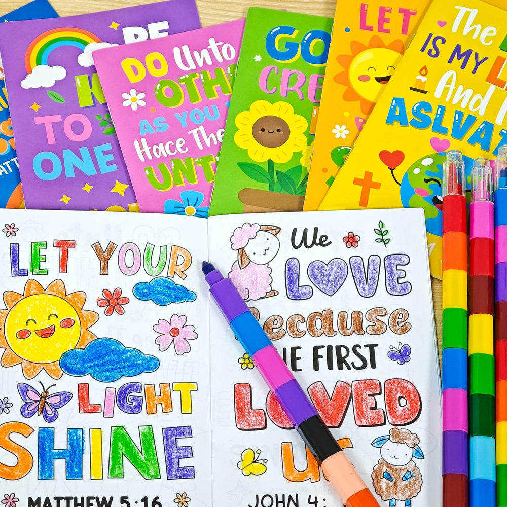 Cinrobiye compact Bible coloring book set: portable 6x4 inch size.