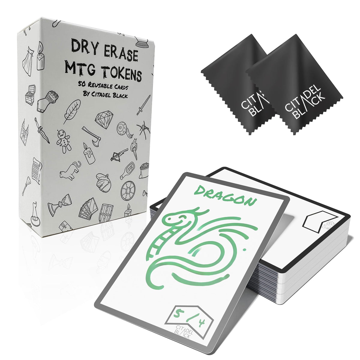 Citadel Black dry erase tokens set of 50 cards for MTG, reusable proxies.