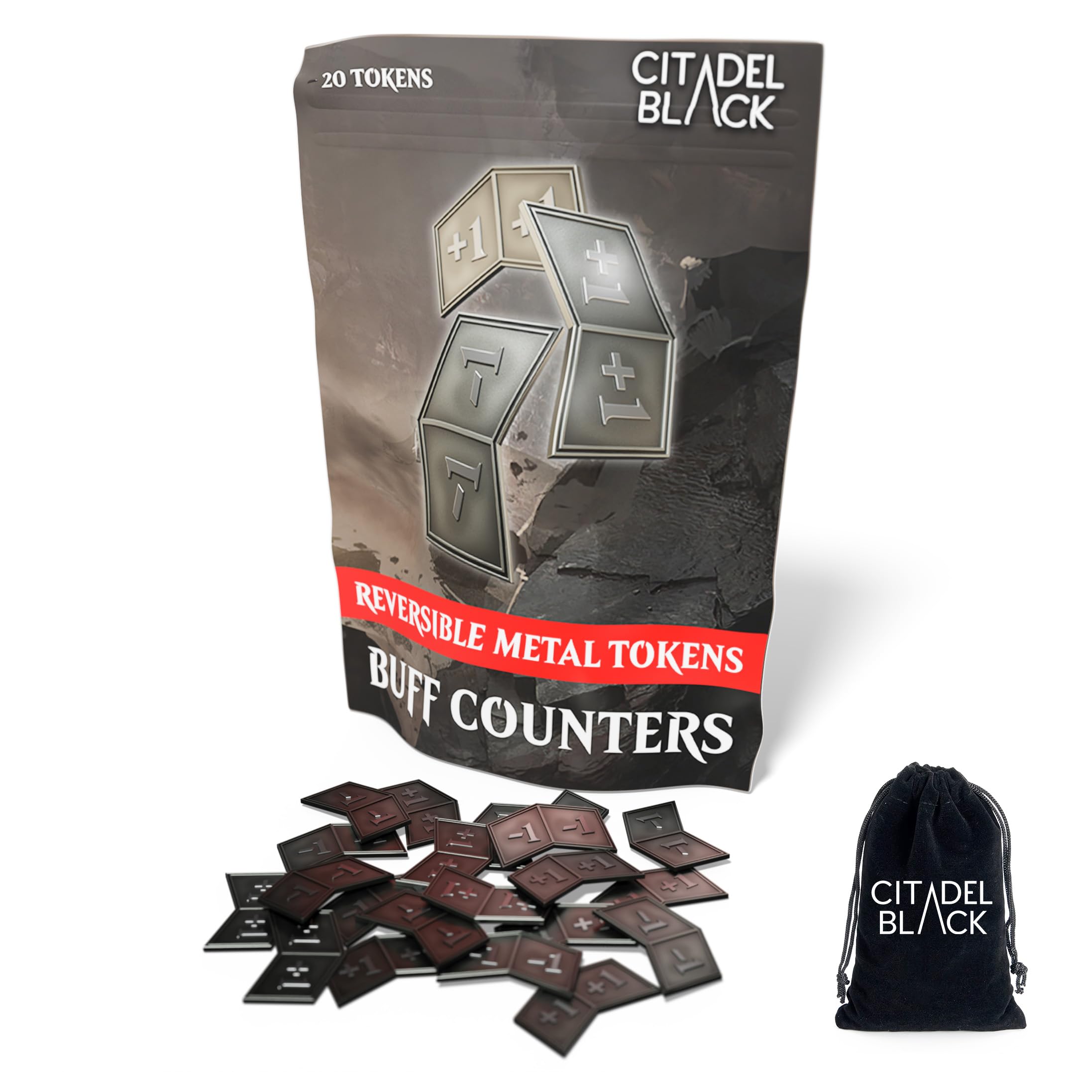 Citadel Black MTG buff counter tokens set of 20, ready for quick tracking.