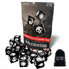 Citadel Black mana dice set for MTG, clear faces for quick mana tracking during games.